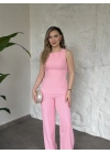 Sırt dekolteli bağlama detaylı takım pembe