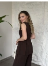 Düğmeli cep görünüm detaylı yelekli linda takım kahve