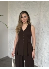 Düğmeli cep görünüm detaylı yelekli linda takım kahve