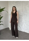 Düğmeli cep görünüm detaylı yelekli linda takım kahve