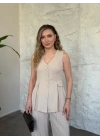 Düğmeli cep görünüm detaylı yelekli linda takım krem