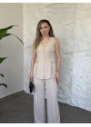 Düğmeli cep görünüm detaylı yelekli linda takım krem