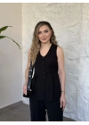 Düğmeli cep görünüm detaylı yelekli linda takım siyah