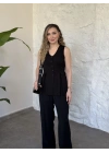 Düğmeli cep görünüm detaylı yelekli linda takım siyah