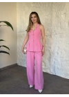 Sırt dekolteli düğmeli yelekli takım pembe
