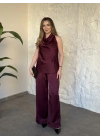 Halter yaka önü drapeli saten takım bordo