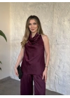 Halter yaka önü drapeli saten takım bordo