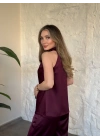 Halter yaka önü drapeli saten takım bordo