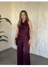 Halter yaka önü drapeli saten takım bordo