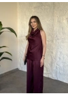 Halter yaka önü drapeli saten takım bordo