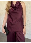 Halter yaka önü drapeli saten takım bordo