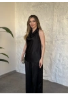 Halter yaka önü drapeli saten takım Siyah