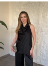 Halter yaka önü drapeli saten takım Siyah