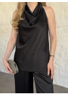 Halter yaka önü drapeli saten takım Siyah