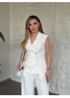Beli drape detaylı gold düğmeli kuşaklı takım beyaz