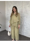 Kendinden kırışık görünümlü oversize takım yeşil
