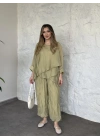 Kendinden kırışık görünümlü oversize takım yeşil