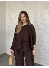 Kendinden kırışık görünümlü oversize takım kahve