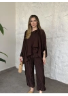 Kendinden kırışık görünümlü oversize takım kahve
