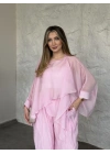 Kendinden kırışık görünümlü oversize takım pembe
