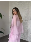 Kendinden kırışık görünümlü oversize takım pembe