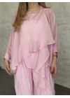 Kendinden kırışık görünümlü oversize takım pembe
