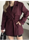 Ara boy belinden kuşaklı süet trençkot bordo