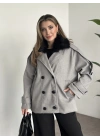 Ara boy bol kesim yakası kürk detaylı kaşe kaban gri