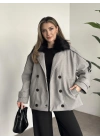 Ara boy bol kesim yakası kürk detaylı kaşe kaban gri