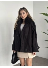 Ara boy bol kesim yakası kürk detaylı kaşe kaban siyah