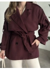 Ara boy düğmeli beli kuşaklı oversize astarlı trençkot bordo