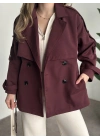 Ara boy düğmeli beli kuşaklı oversize astarlı trençkot bordo