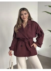 Ara boy düğmeli beli kuşaklı oversize astarlı trençkot bordo