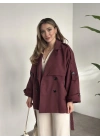 Ara boy düğmeli beli kuşaklı oversize astarlı trençkot bordo