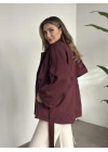 Ara boy düğmeli beli kuşaklı oversize astarlı trençkot bordo