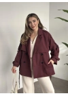 Ara boy düğmeli beli kuşaklı oversize astarlı trençkot bordo