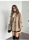 Ara boy düğmeli beli kuşaklı oversize astarlı trençkot bej