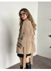 Ara boy düğmeli beli kuşaklı oversize astarlı trençkot bej