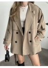 Ara boy düğmeli beli kuşaklı oversize astarlı trençkot bej