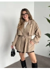 Ara boy düğmeli beli kuşaklı oversize astarlı trençkot bej