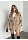 Ara boy düğmeli beli kuşaklı oversize astarlı trençkot bej