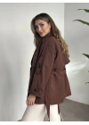 Ara boy düğmeli beli kuşaklı oversize astarlı trençkot kahve