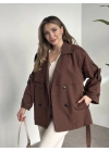 Ara boy düğmeli beli kuşaklı oversize astarlı trençkot kahve