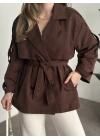 Ara boy düğmeli beli kuşaklı oversize astarlı trençkot kahve