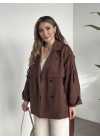 Ara boy düğmeli beli kuşaklı oversize astarlı trençkot kahve