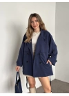 Ara boy düğmeli beli kuşaklı oversize astarlı trençkot lacivert