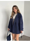 Ara boy düğmeli beli kuşaklı oversize astarlı trençkot lacivert