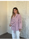 Ara boy düğmeli beli kuşaklı oversize astarlı trençkot pembe