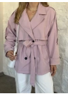 Ara boy düğmeli beli kuşaklı oversize astarlı trençkot pembe