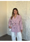 Ara boy düğmeli beli kuşaklı oversize astarlı trençkot pembe